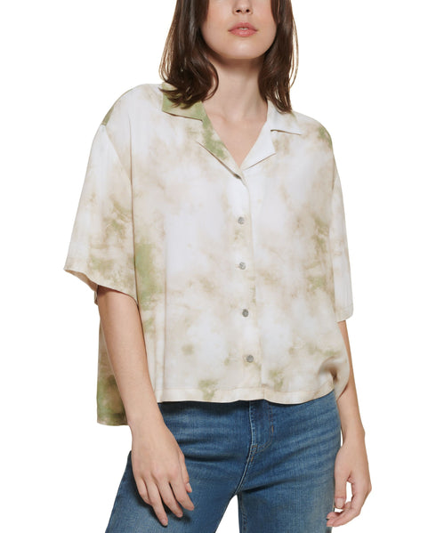 DKNY Jeans Printed Elbow Sleeve Button Front Top